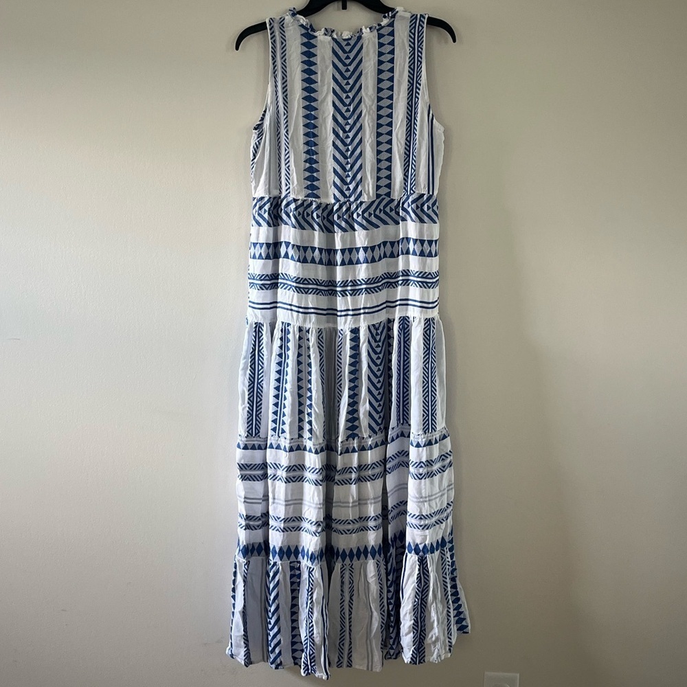 Goa Beachwear By Japna Blue White Print Tiered Maxi Dress Sz M - Picture 9 of 13